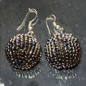 Silver, Gray &  Blue Sead Beaded‎ Round Drop Wire Earrings